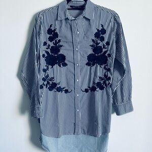 ZARA Embroidered Navy and White Striped Button Down Size S